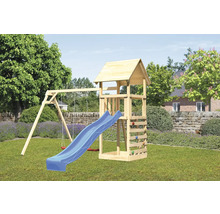 Tour de jeux en bois avec balançoire et toboggan dans le jardin