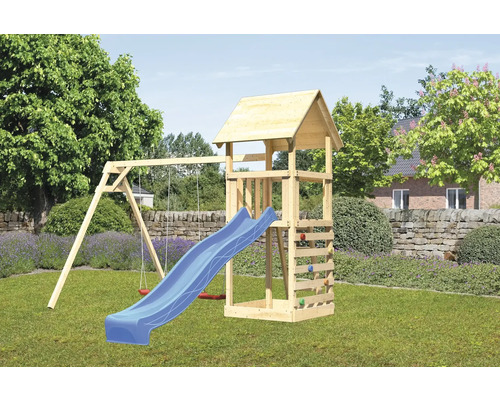Tour de jeux cabane de jeux Karibu Lotti 107 x 107 cm en bois composée d'un toboggan, de 2 balançoires, d'un mur d'escalade Tour de jeux cabane de jeux Karibu Lotti 107 x 107 cm en bois composée d'un toboggan, de 2 balançoires, d'un mur d'escalade