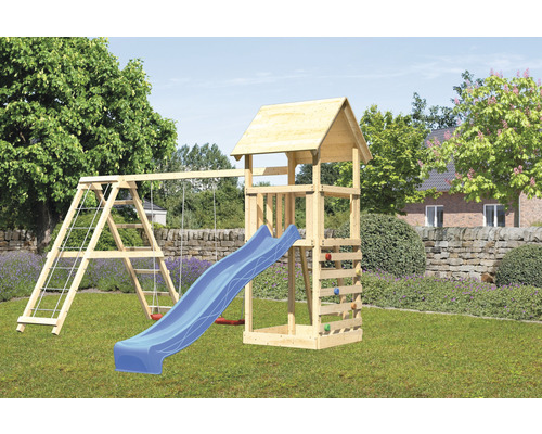 Spielturm Karibu Lotti 107 x 107 cm Holz bestehend aus Anbau, Grundturm, Kletterwand, blau Spielturm Karibu Lotti 107 x 107 cm Holz bestehend aus Anbau, Grundturm, Kletterwand, blau