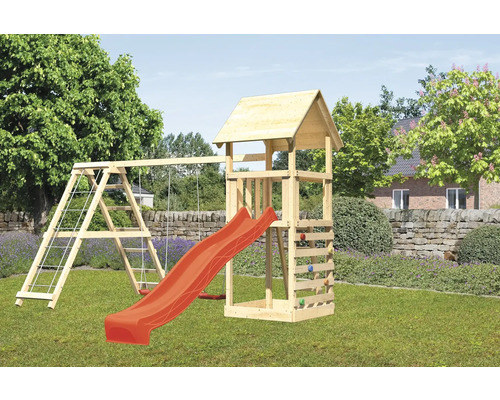 Tour de jeux cabane de jeux Karibu Lotti 107 x 107 cm en bois composée d'une extension, d'une tour de base, d'un mur d'escalade Tour de jeux cabane de jeux Karibu Lotti 107 x 107 cm en bois composée d'une extension, d'une tour de base, d'un mur d'escalade