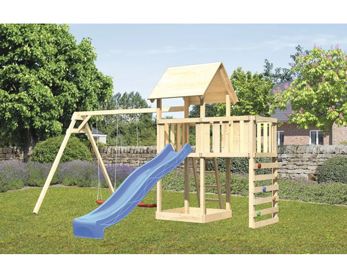 Spielturm Spielhaus Karibu Lotti 107 x 107 cm Holz bestehend aus Rutsche, 2 Brettschaukeln, Anbau, Kletterwand