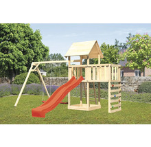 Spielplatz mit Schaukel, Rutsche, Kletterwand und Spielhaus aus Holz im Garten
