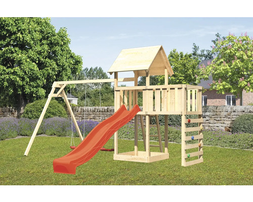 Tour de jeux cabane de jeux Karibu Lotti 107 x 107 cm en bois composée d'un toboggan, de 2 balançoires, d'une extension, d'un mur d'escalade Tour de jeux cabane de jeux Karibu Lotti 107 x 107 cm en bois composée d'un toboggan, de 2 balançoires, d'une extension, d'un mur d'escalade