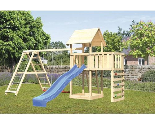 Spielturm Spielhaus Karibu Lotti 107 x 107 cm Holz bestehend aus Anbau, Kletterwand, Grundturm