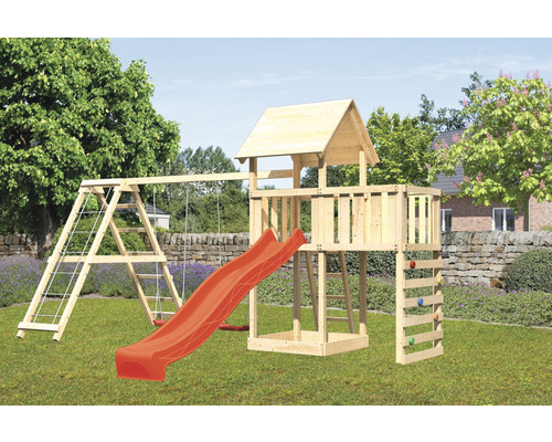 Spielturm Spielhaus Karibu Lotti 107 x 107 cm Holz bestehend aus Anbau, Kletterwand, Grundturm