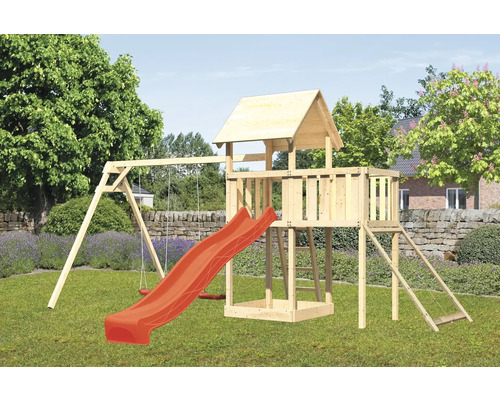 Spielturm Spielhaus Karibu Lotti 107 x 107 cm Holz bestehend aus Rutsche, 2 Brettschaukeln, Anbau, Netzrampe