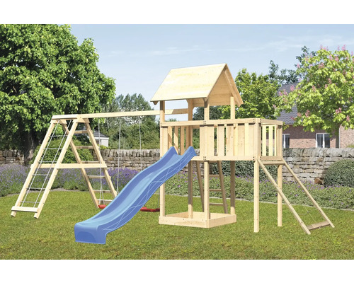 Tour de jeux cabane de jeux Karibu Lotti 107 x 107 cm en bois composée d'une extension, d'une rampe en filet, d'une tour de base Tour de jeux cabane de jeux Karibu Lotti 107 x 107 cm en bois composée d'une extension, d'une rampe en filet, d'une tour de base