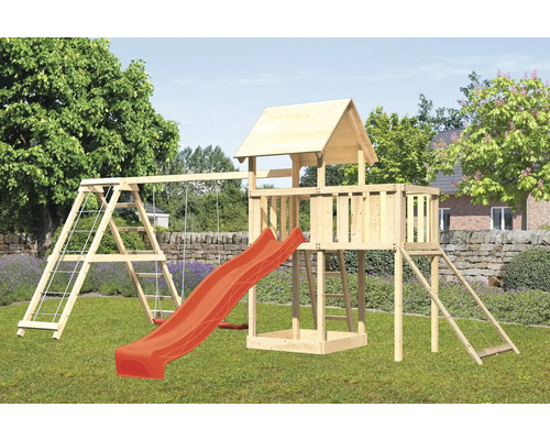 Spielturm Karibu Lotti 107 x 107 cm Holz bestehend aus Anbau, Netzrampe, Grundturm, rot Spielturm Karibu Lotti 107 x 107 cm Holz bestehend aus Anbau, Netzrampe, Grundturm, rot