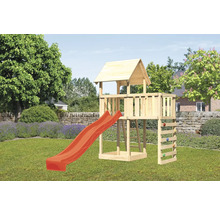 Tour de jeux en bois avec toboggan et mur d''escalade dans le jardin