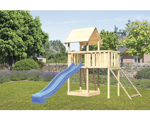 Tour de jeux cabane de jeux Karibu Lotti 107 x 107 cm en bois composée d'un toboggan, d'une extension, d'une rampe en filet Tour de jeux cabane de jeux Karibu Lotti 107 x 107 cm en bois composée d'un toboggan, d'une extension, d'une rampe en filet