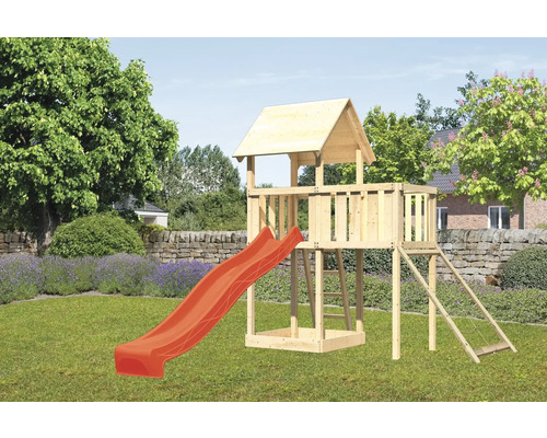 Spielturm Spielhaus Karibu Lotti 107 x 107 cm Holz bestehend aus Rutsche, Anbau, Netzrampe