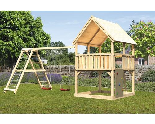 Tour de jeux cabane de jeux Karibu Luis 200 x 200 cm en bois composée d'une tour de base, d'un mur d'escalade, d'une extension, de 2 balançoires rouge Tour de jeux cabane de jeux Karibu Luis 200 x 200 cm en bois composée d'une tour de base, d'un mur d'escalade, d'une extension, de 2 balançoires rouge