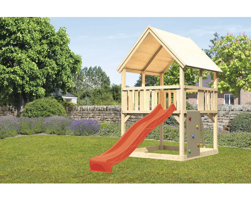 Tour de jeux cabane de jeux Karibu Luis 200 x 200 cm en bois composée d'une tour de base, d'un toboggan, d'un mur d'escalade rouge Tour de jeux cabane de jeux Karibu Luis 200 x 200 cm en bois composée d'une tour de base, d'un toboggan, d'un mur d'escalade rouge