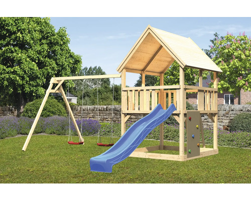 Tour de jeux cabane de jeux Karibu Luis 200 x 200 cm en bois composée d'une tour de base, d'un toboggan, de 2 balançoires, d'un mur d'escalade bleu Tour de jeux cabane de jeux Karibu Luis 200 x 200 cm en bois composée d'une tour de base, d'un toboggan, de 2 balançoires, d'un mur d'escalade bleu