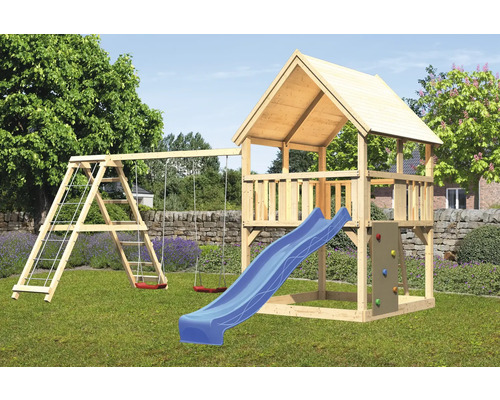 Tour de jeux cabane de jeux Karibu Frieda 200 x 200 cm en bois avec tour de base, toboggan, mur d'escalade, extension et portique Tour de jeux cabane de jeux Karibu Frieda 200 x 200 cm en bois avec tour de base, toboggan, mur d'escalade, extension et portique