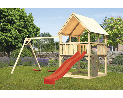 Spielturm Karibu Luis 200 x 200 cm Holz bestehend aus Grundturm, Rutsche, 2 Brettschaukeln, Kletterwand rot Spielturm Karibu Luis 200 x 200 cm Holz bestehend aus Grundturm, Rutsche, 2 Brettschaukeln, Kletterwand rot