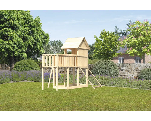 Tour de jeux cabane de jeux Karibu Frieda 107 x 107 cm en bois composée d'une extension, d'une rampe en filet Tour de jeux cabane de jeux Karibu Frieda 107 x 107 cm en bois composée d'une extension, d'une rampe en filet