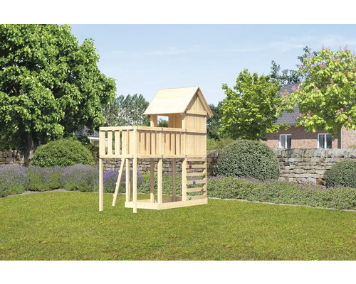 Spielturm Karibu Frieda 107 x 107 cm Holz bestehend aus Anbau, Kletterwand