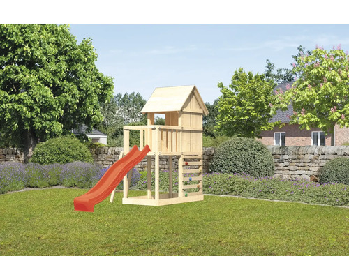 Tour de jeux cabane de jeux Karibu Frieda 107 x 107 cm en bois composée d'un toboggan, d'un mur d'escalade Tour de jeux cabane de jeux Karibu Frieda 107 x 107 cm en bois composée d'un toboggan, d'un mur d'escalade