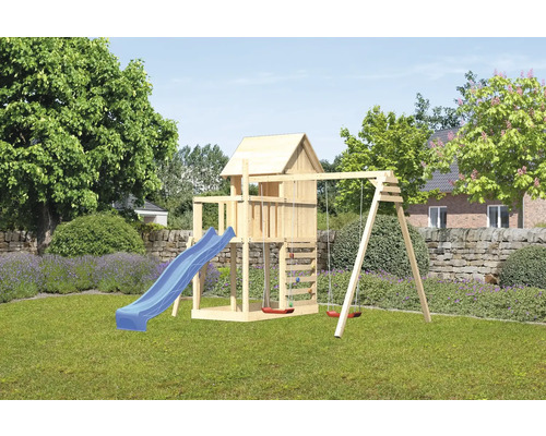Spielturm Karibu Frieda 107 x 107 cm Holz bestehend aus Rutsche, 2 Brettschaukeln, Kletterwand, blau Spielturm Karibu Frieda 107 x 107 cm Holz bestehend aus Rutsche, 2 Brettschaukeln, Kletterwand, blau