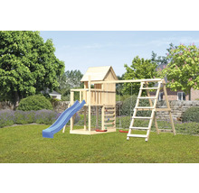 Aire de jeux avec toboggan, balançoire et échelle d''escalade dans le jardin