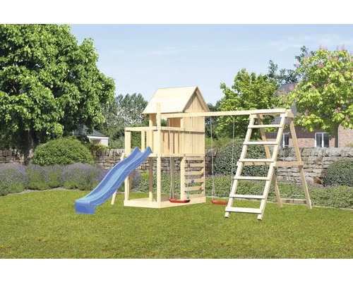 Spielturm Karibu Frieda 107 x 107 cm Holz bestehend aus Grundturm, Anbau, Plattform, Schaukel, Kletterwand, Rutsche, blau Spielturm Karibu Frieda 107 x 107 cm Holz bestehend aus Grundturm, Anbau, Plattform, Schaukel, Kletterwand, Rutsche, blau