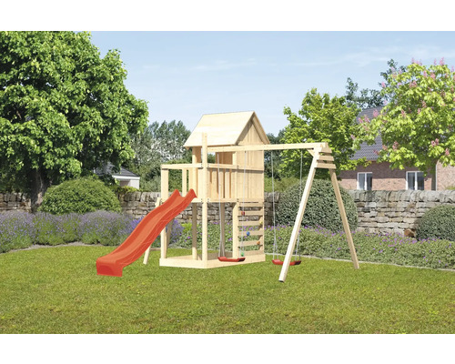 Spielturm Karibu Frieda 107 x 107 cm Holz bestehend aus Rutsche, 2 Brettschaukeln, Kletterwand, rot Spielturm Karibu Frieda 107 x 107 cm Holz bestehend aus Rutsche, 2 Brettschaukeln, Kletterwand, rot