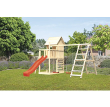 Spielturm mit Rutsche, Schaukel und Klettergerüst aus Holz im Garten