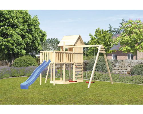 Spielturm Karibu Frieda 107 x 107 cm Holz bestehend aus Rutsche, 2 Brettschaukeln, Anbau, Kletterwand, blau