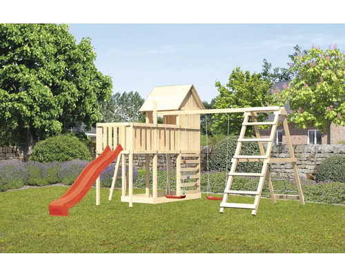 Spielturm Karibu Frieda 107 x 107 cm Holz bestehend aus Anbau, Grundturm, Kletterwand, Schaukel, Plattform, Rutsche, rot