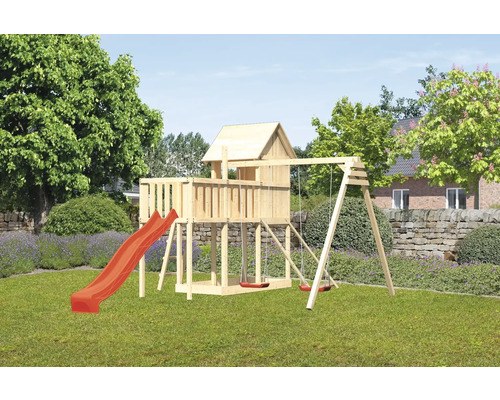 Tour de jeux cabane de jeux Karibu Frieda 107 x 107 cm en bois composée d'un toboggan, de 2 balançoires, d'une extension, d'une rampe en filet Tour de jeux cabane de jeux Karibu Frieda 107 x 107 cm en bois composée d'un toboggan, de 2 balançoires, d'une extension, d'une rampe en filet