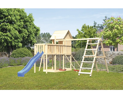Tour de jeux cabane de jeux Karibu Frieda 107 x 107 cm en bois composée d'une tour de base, d'un toboggan, d'une extension, d'une rampe en filet, d'un portique, d'une plateforme Tour de jeux cabane de jeux Karibu Frieda 107 x 107 cm en bois composée d'une tour de base, d'un toboggan, d'une extension, d'une rampe en filet, d'un portique, d'une plateforme
