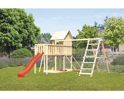 Tour de jeux cabane de jeux Karibu Frieda 107 x 107 cm en bois composée d'une tour de base, d'un toboggan, d'une extension, d'une rampe en filet, d'un portique, d'une plateforme Tour de jeux cabane de jeux Karibu Frieda 107 x 107 cm en bois composée d'une tour de base, d'un toboggan, d'une extension, d'une rampe en filet, d'un portique, d'une plateforme