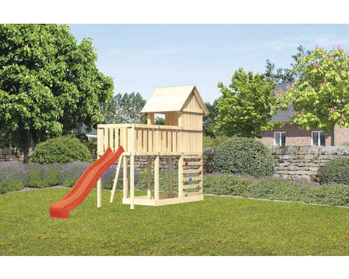 Spielturm Karibu Frieda 107 x 107 cm Holz bestehend aus Rutsche, Anbau, Kletterwand, rot Spielturm Karibu Frieda 107 x 107 cm Holz bestehend aus Rutsche, Anbau, Kletterwand, rot