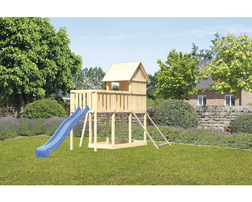 Spielturm Karibu Frieda 107 x 107 cm Holz bestehend aus Rutsche, Anbau, Netzrampe, blau Spielturm Karibu Frieda 107 x 107 cm Holz bestehend aus Rutsche, Anbau, Netzrampe, blau