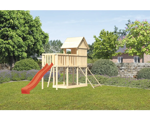 Spielturm Karibu Frieda 107 x 107 cm Holz bestehend aus Rutsche, Anbau, Netzrampe, rot Spielturm Karibu Frieda 107 x 107 cm Holz bestehend aus Rutsche, Anbau, Netzrampe, rot