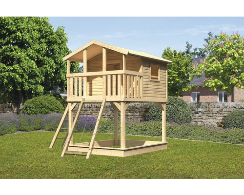 Spielturm Karibu Benjamin 198 x 244 cm Holz bestehend aus Netzrampe