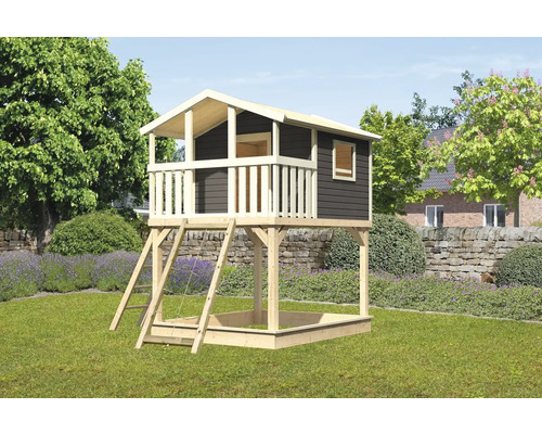 Tour de jeux cabane de jeux Karibu Benjamin 198 x 244 cm en bois gris avec rampe en filet Tour de jeux cabane de jeux Karibu Benjamin 198 x 244 cm en bois gris avec rampe en filet