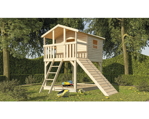Tour de jeux cabane de jeux Karibu Benjamin 198 x 244 cm en bois avec rampe en bois Tour de jeux cabane de jeux Karibu Benjamin 198 x 244 cm en bois avec rampe en bois
