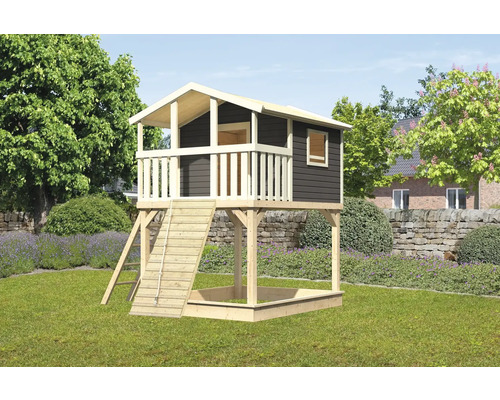 Tour de jeux cabane de jeux Karibu Benjamin 198 x 244 cm en bois gris avec rampe en bois Tour de jeux cabane de jeux Karibu Benjamin 198 x 244 cm en bois gris avec rampe en bois