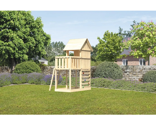 Spielturm Karibu Frieda 107 x 107 cm Holz bestehend aus Kletterwand