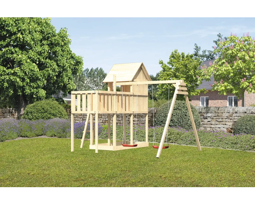 Tour de jeux cabane de jeux Karibu Frieda 107 x 107 cm en bois composée de 2 balançoires, d'une extension Tour de jeux cabane de jeux Karibu Frieda 107 x 107 cm en bois composée de 2 balançoires, d'une extension