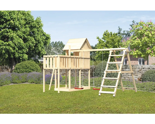 Spielturm Karibu Frieda 107 x 107 cm Holz bestehend aus Grundturm, Anbau, Plattform, Schaukel Spielturm Karibu Frieda 107 x 107 cm Holz bestehend aus Grundturm, Anbau, Plattform, Schaukel