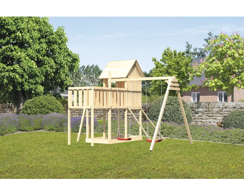 Spielturm Karibu Frieda 107 x 107 cm Holz bestehend aus 2 Brettschaukeln, Anbau, Netzrampe Spielturm Karibu Frieda 107 x 107 cm Holz bestehend aus 2 Brettschaukeln, Anbau, Netzrampe