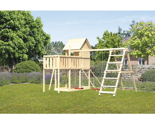 Tour de jeux cabane de jeux Karibu Frieda 107 x 107 cm en bois composée d'une tour de base, d'une extension, d'une plateforme, d'une rampe en filet, d'un portique Tour de jeux cabane de jeux Karibu Frieda 107 x 107 cm en bois composée d'une tour de base, d'une extension, d'une plateforme, d'une rampe en filet, d'un portique