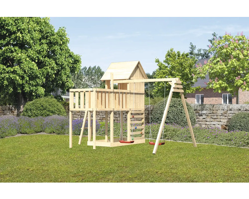 Spielturm Karibu Frieda 107 x 107 cm Holz bestehend aus 2 Brettschaukeln, Anbau, Kletterwand Spielturm Karibu Frieda 107 x 107 cm Holz bestehend aus 2 Brettschaukeln, Anbau, Kletterwand