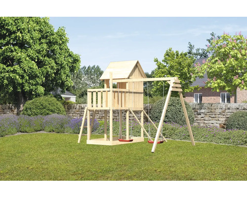 Spielturm Karibu Frieda 107 x 107 cm Holz bestehend aus 2 Brettschaukeln, Netzrampe