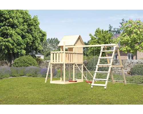 Spielturm Karibu Frieda 107 x 107 cm Holz bestehend aus Grundturm, Anbau, Plattform, Netzrampe, Schaukel Spielturm Karibu Frieda 107 x 107 cm Holz bestehend aus Grundturm, Anbau, Plattform, Netzrampe, Schaukel
