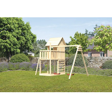 Tour de jeux cabane de jeux Karibu Frieda 107 x 107 cm en bois composée de 2 balançoires, d'un mur d'escalade