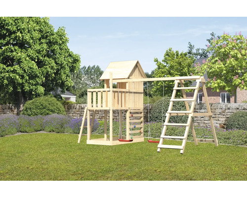 Spielturm Karibu Frieda 107 x 107 cm Holz bestehend aus Grundturm, Anbau, Plattform, Netzrampe, Kletterwand, Schaukel rot Spielturm Karibu Frieda 107 x 107 cm Holz bestehend aus Grundturm, Anbau, Plattform, Netzrampe, Kletterwand, Schaukel rot